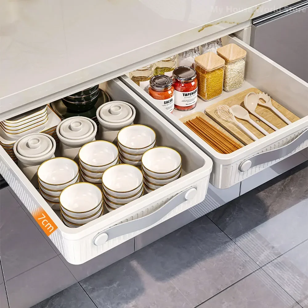 Kitchen Drawer No Installation Required Sliding Rail High-Capacity Storage Box Wardrobe Moisture-Proof Boxes Simple Bowl Shelves