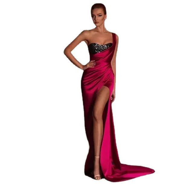 

Elegant Fuchsia Mermaid fairy-like banquet temperament Evening Dresses With High Silt For Women Cocktail Party Formal Prom Gown