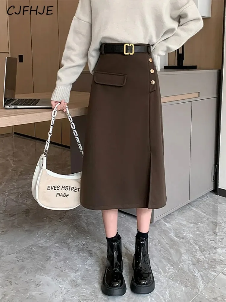 

CJFHJE High Quality Women's New High Waisted Mid Length A-Line Woolen Split Skirt Korean Fashion Elegant Women's Solid Skirts