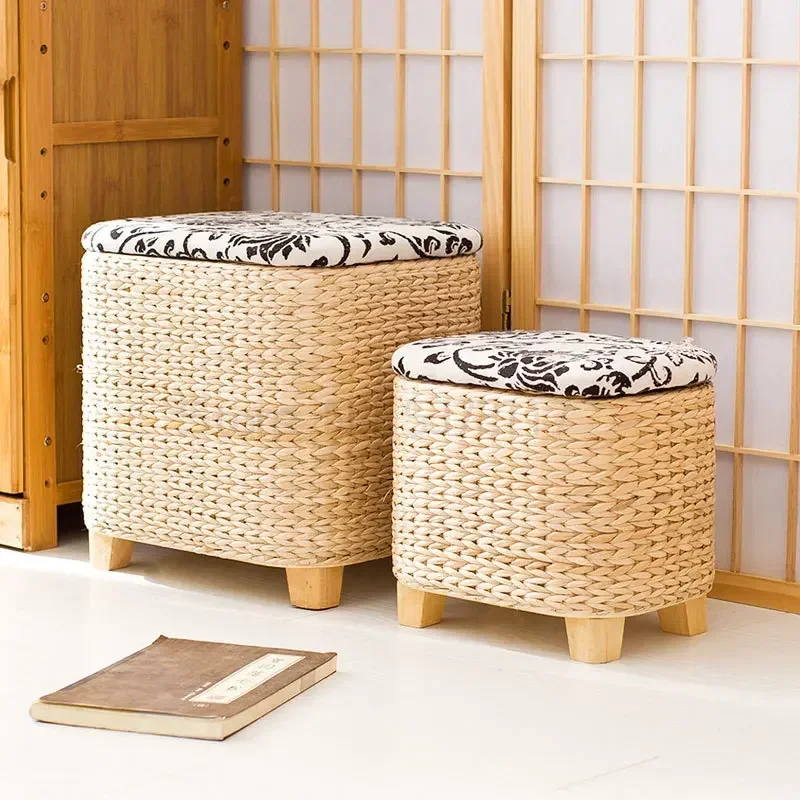 Solid Wood Rattan Storage Stool, Rattan Shoe Bench, Sofa Stool for Makeup, Durable Seating Furniture for Bedroom and Living Room