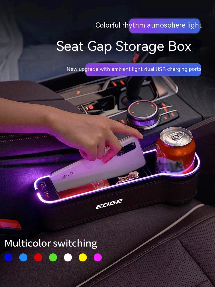 

For Ford Edge Gm Car 7 Color Storage Box with Atmosphere Light Car Cleaning Organizer USB Charging Auto Interior Accessories