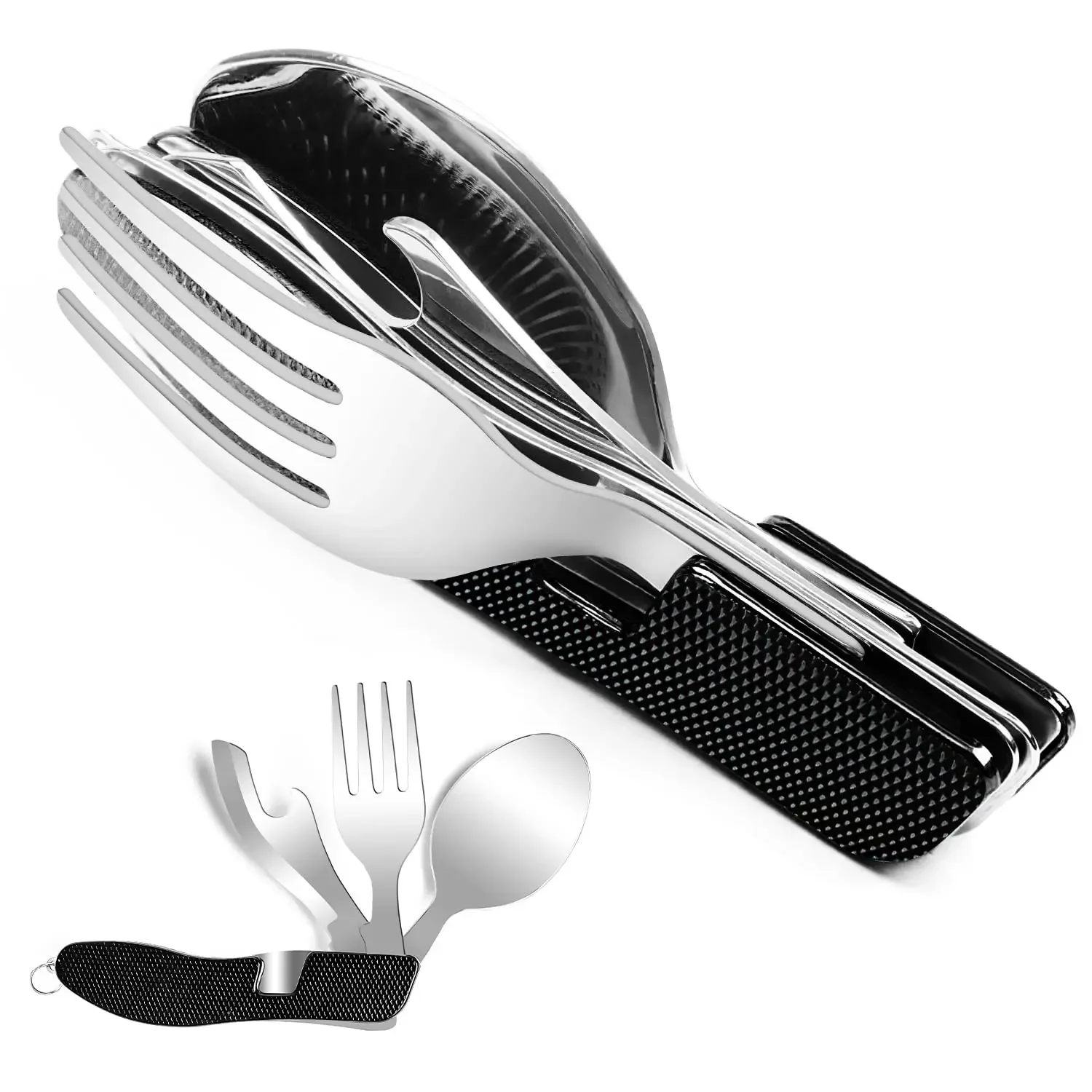 Foldable Tableware Set Camping Fork Spoon Knife 4 In 1 Foldable Tableware Set Stainless Steel Tablespoon Portable Spoon Set Bottle Opener For Outdoor