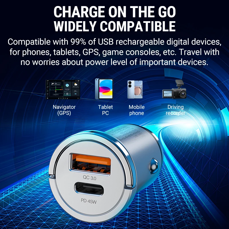 hoco PD45W QC3.0 car charger fast charging in-car Type-C PD 45W USB 18W dual port adapter mini USB-C phones tablets