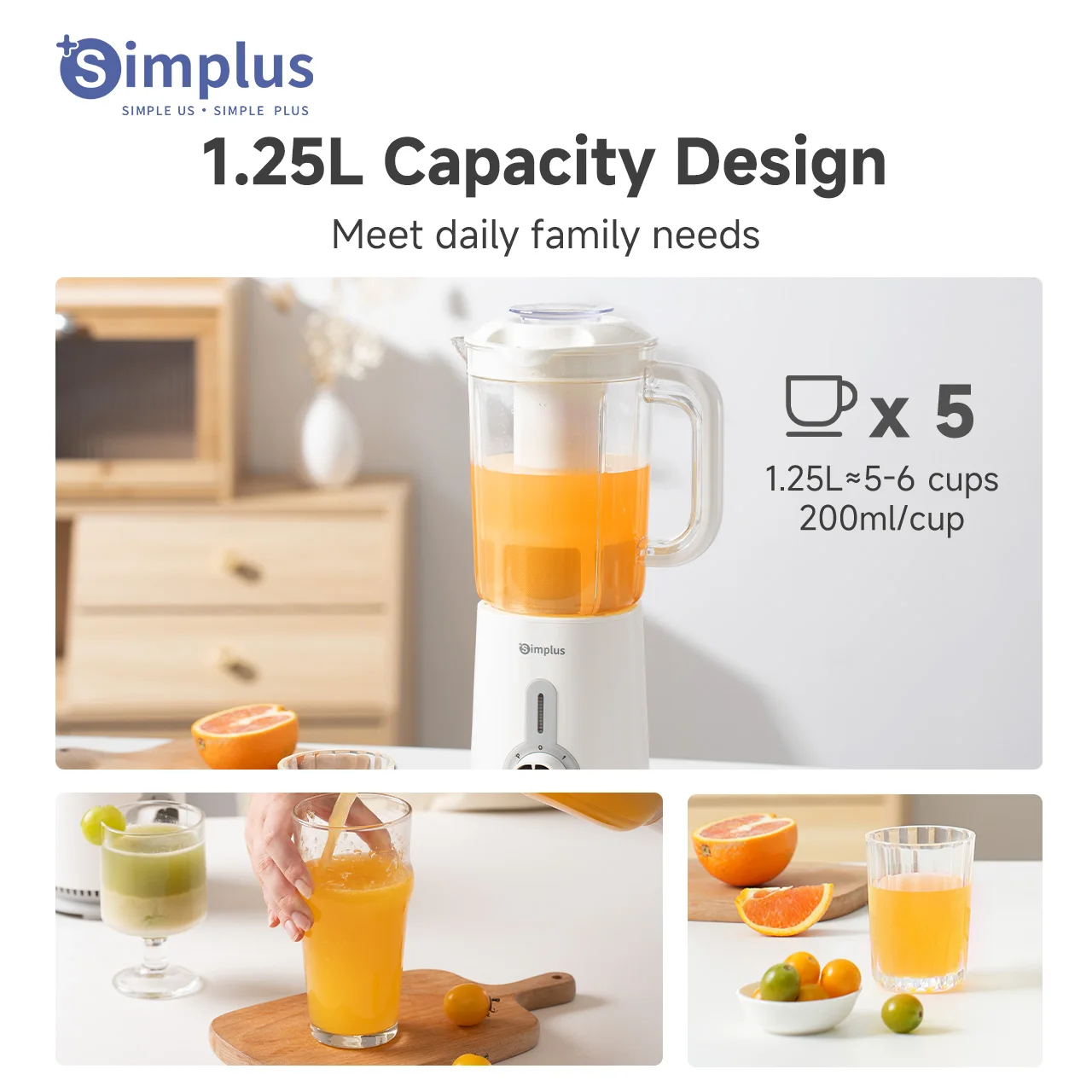 Simplus 3 in 1 Blender  Multi-function 1.25L Capacity 380W Copper Motor 3 Cups With 3 Blade Types Juicing Mincing Grinding 3