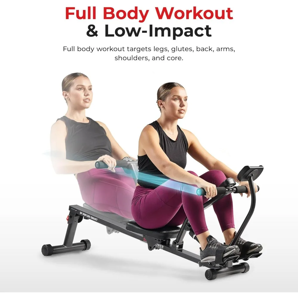 Compact Adjustable Rowing Machine with 12 Levels of Complete Body Workout Resistance and Optional SunnyFit App Enhanced