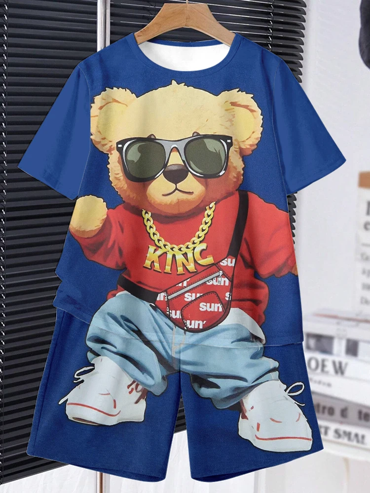 Anime Trend Bear Print Short Sleeve T-shirt Shorts 2 Summer Men's Fashion Street Short Sleeve Suit Heat Insulation Anti-wrinkle 6