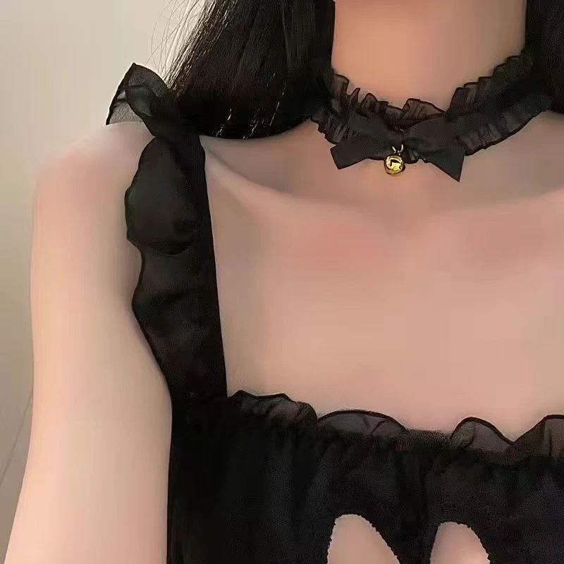 Fashionable Sweet and Cute Cat Ear Bell Headband Black Wild Small Collar Kawaii Bow Bell Collar Choker Bracelet Accessories