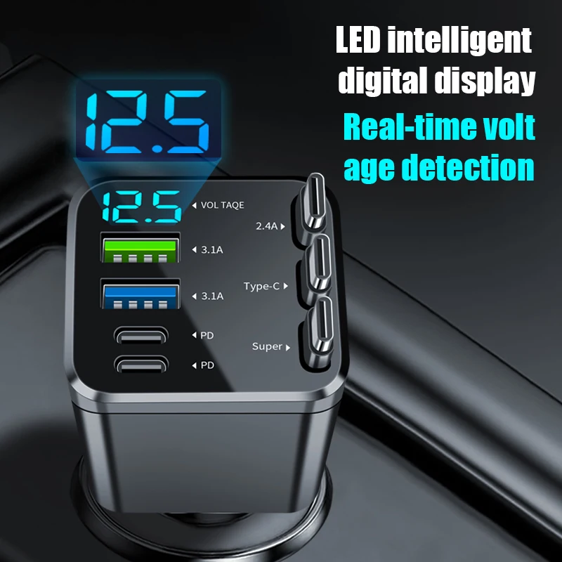 7-IN-1 Retractable Car Charger USB C Cable For IPhone Huawei Samsung Fast Charge Cigarette Lighter Adapter Type C USB Charger