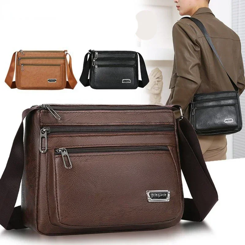 Пакет Mens PU Leather Crossbody Messenger Bag Large Capacity Waterproof Durable Business Travel Tote for Work Office Casual 크로스백