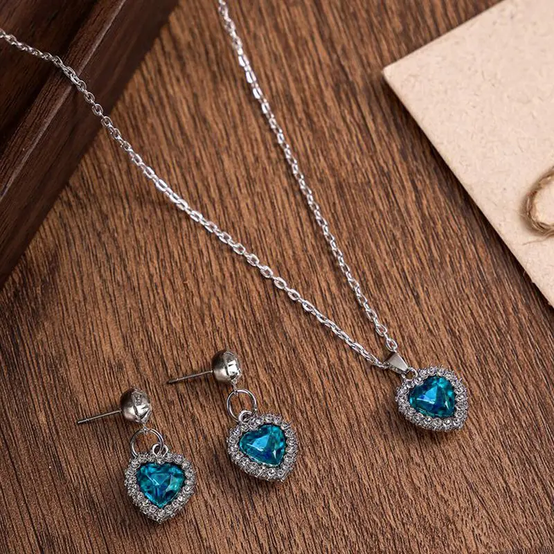 1 Set Crystal Heart Pendants Necklaces and Drop Earring for Women Wedding Bride Fashion Jewelry 5