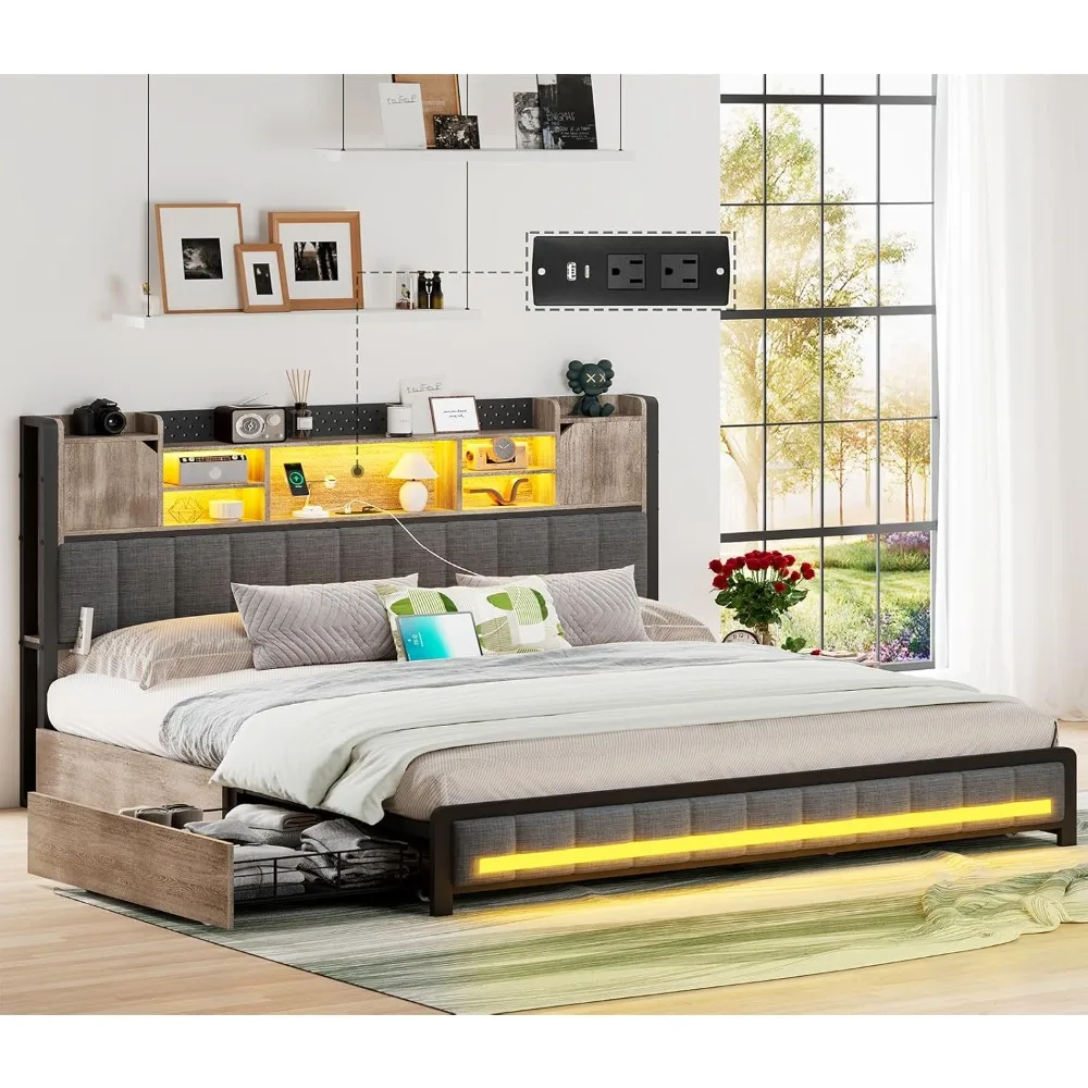 

Queen Bed Frame with Storage Headboard & 4 Drawers, LED Upholstered Bed Frame Queen Size with Type-C & USB Ports