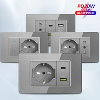 Grey Italy Chile USB Type C Smart Fast Charging Wall Socket Plugs Tempered Glass Schuko Light Switch Panel TV Sat Computer CAT6 - Image 2