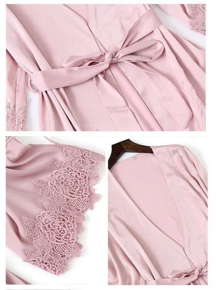 Pajama Set Women Lace Trim Satin Sleepwear Pyjamas Pour Femme Summer Nightwear With Pants Casual Home Wear Kimono Robe Gown PJS