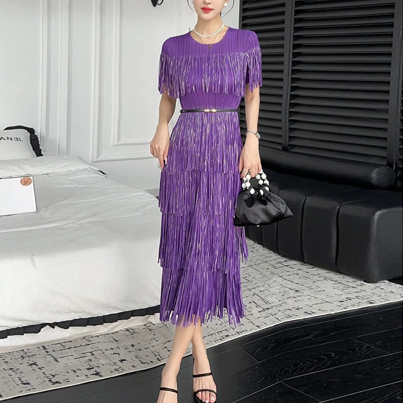 LANMREM Pleated Tassel Patchwork Deisn Summer Dress For Women 2025 New Round Collar Short Sleeve Slim Fit Dresses Chic 2DB2847 - Image 5