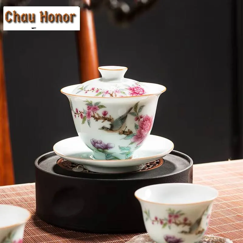 175ml Jingdezhen Porcelain Art Bird Gaiwan Ceramic Tea Maker Flower Tea Bowl With Saucer Lid Master Tea Tureen Drinkware Gift