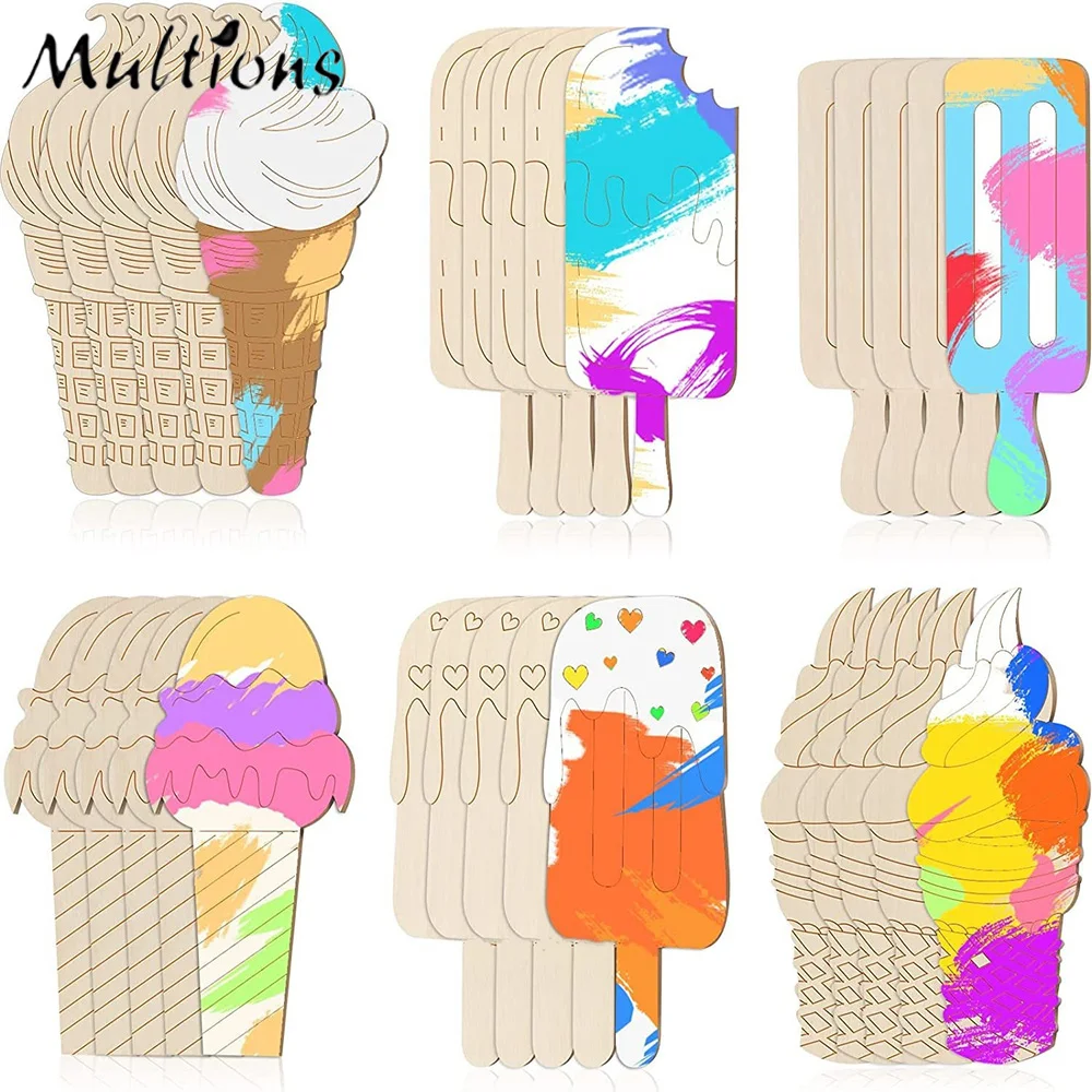 

30Pcs 6 Styles Ice Cream Blank Wooden Slices Ornaments For Art Paint Summer Home Decoration DIY Unfinished Crafts