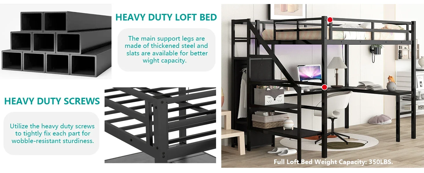 LED Loft Bed Full Size with Charging Station