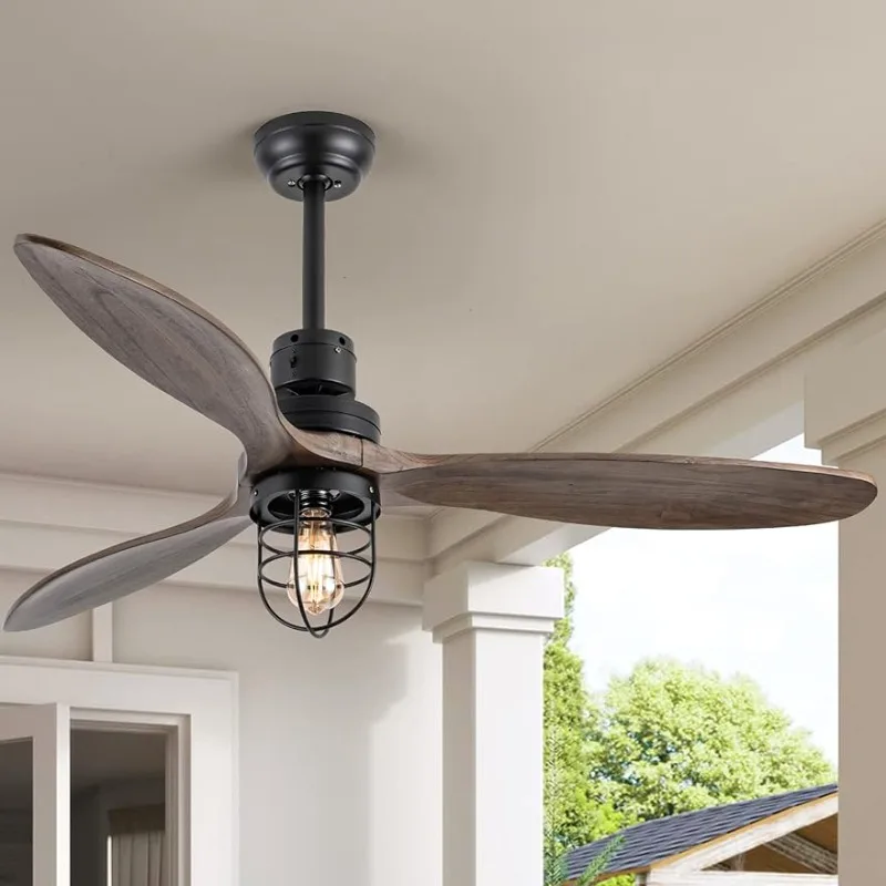 

WWM 52 Inch Rustic Outdoor Ceiling Fan with Light and Remote, 3 Wood Blades