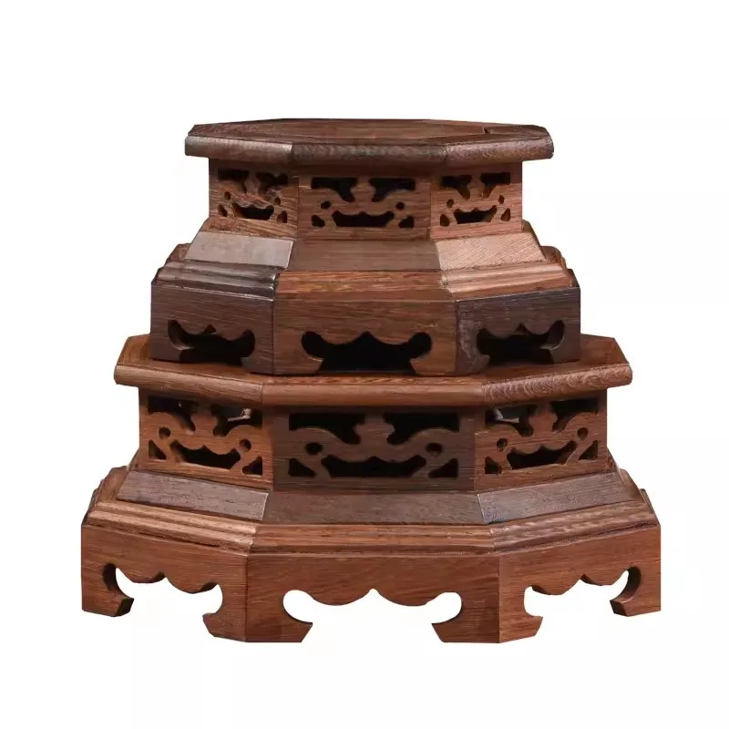 Classical Rosewood base, hexagonal ornament, purple clay teapot, porcelain vase, old Buddha statue, potted plant,base
