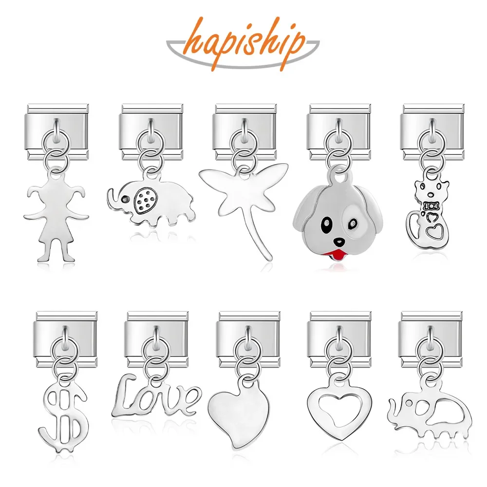Hapiship 1Pcs 9mm Width Original Daisy Elephant Heart Dog Love high-end charm fit bracelet Stainless Steel jewelry making DJ34 charm bracelet