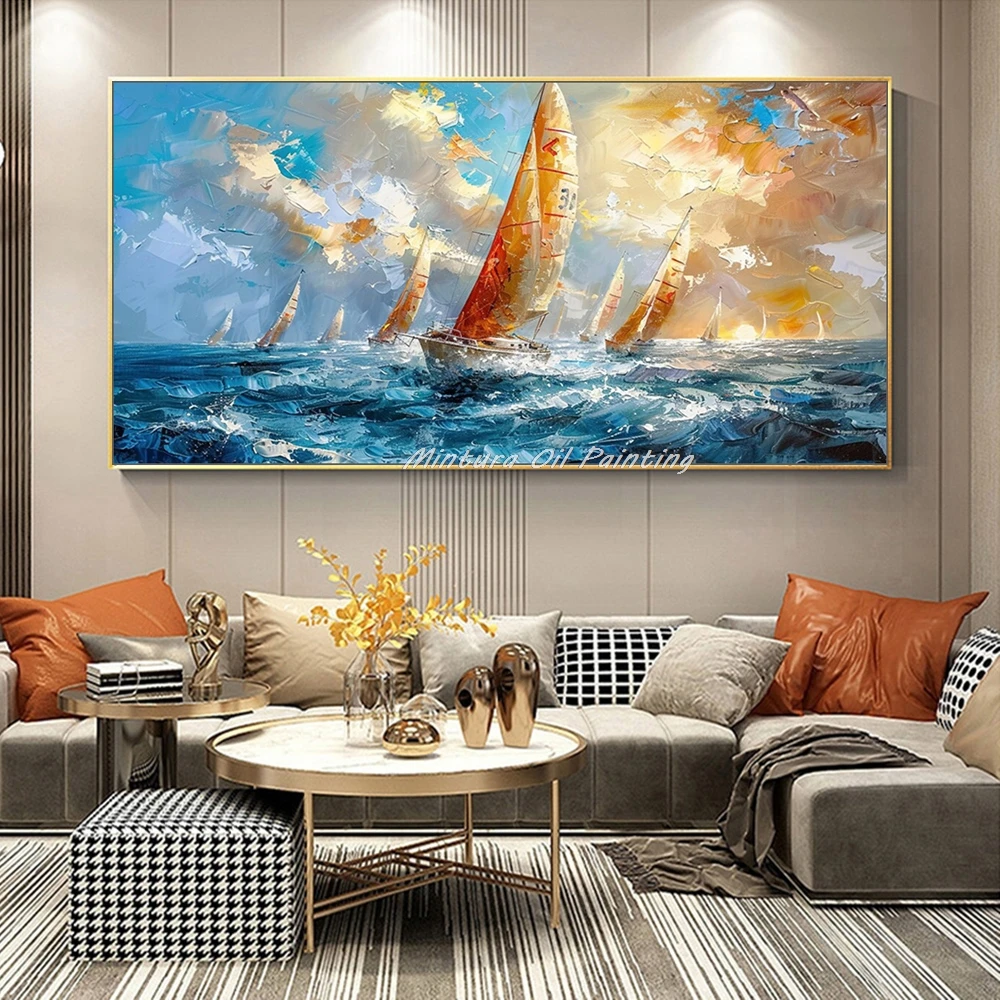 Mintura,100% Handpainted Knife Sailboat Landscape Oil Painting,Modern Home Decor,Wall Art Picture,Abstract Texture Canvas Poster 1