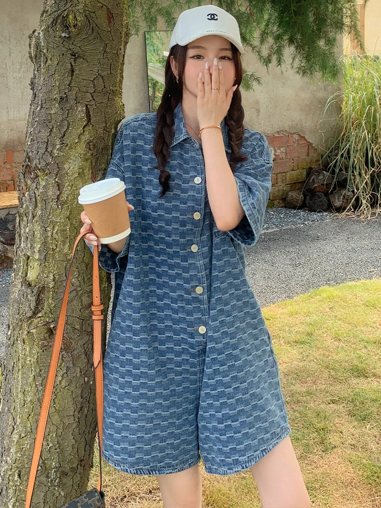 

Loose Retro Jacquard Denim Shorts Jumpsuit 2022 Summer Women Short Sleeve Streetwear Plaid One Piece Jeans Overalls Romper 8179