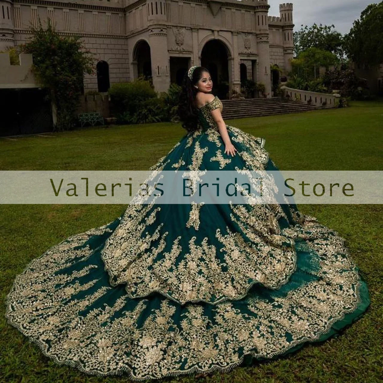 

Green Quinceanera Dress Gold Sequin Appliques Princess Ball Gown Off The Shoulder Lace Up Sweet 15 16 Dress Luxury Vestidos