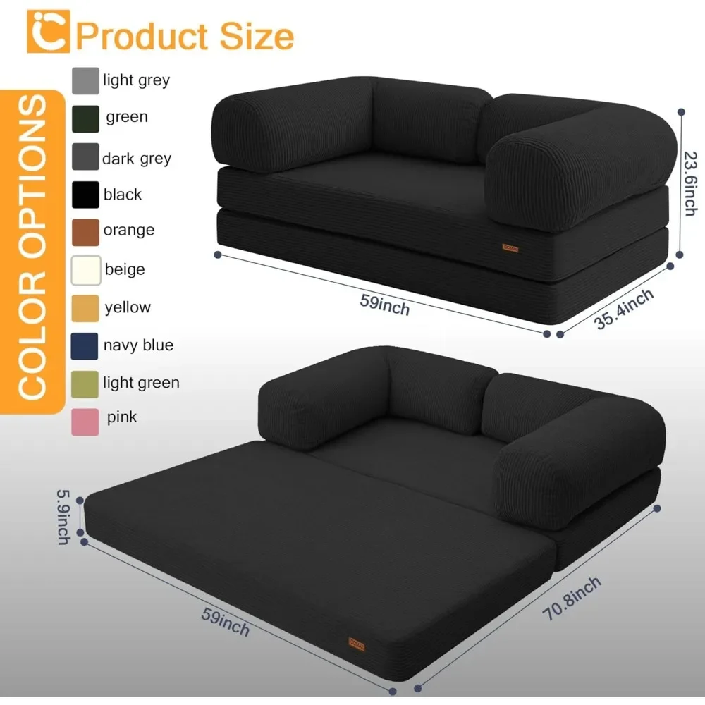 NEW-Folding Sofa Bed Queen, 4-in-1 Foldable Floor Couch Convertible Futon Sofa with Armrests Sleeper Mattress Chair Bed Comfy Po