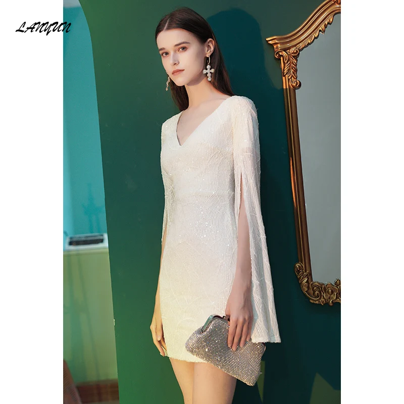 LANMU Women White Long Sleeve Sexy Sequin V-neck Elegant Vestidos Slim Luxury Shinny Split Long Sleeve Short Evening Dresses
