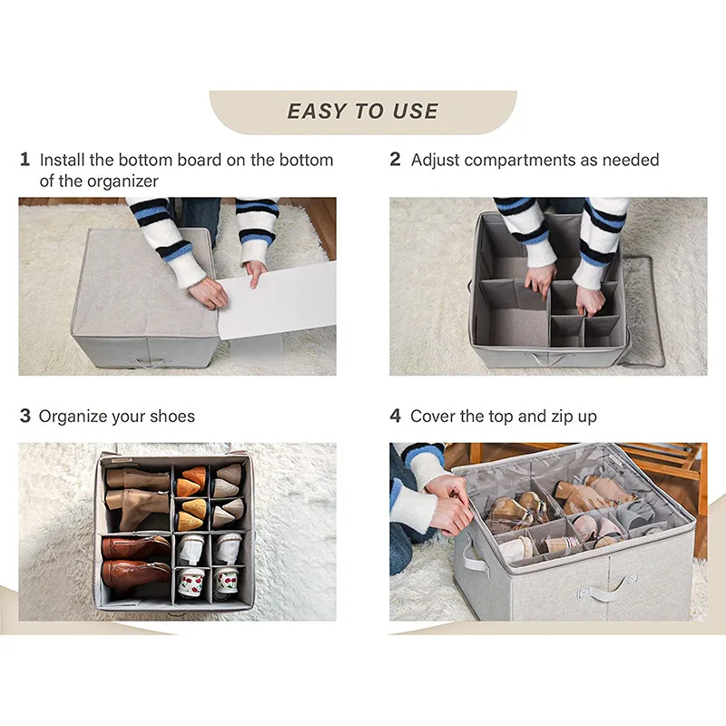 Shoe Organizer, Fabric shoe hanger with Cover, Adjustable Dividers for Shoe storage drawer Box Container  Cube Box Fits 14 Pairs 3