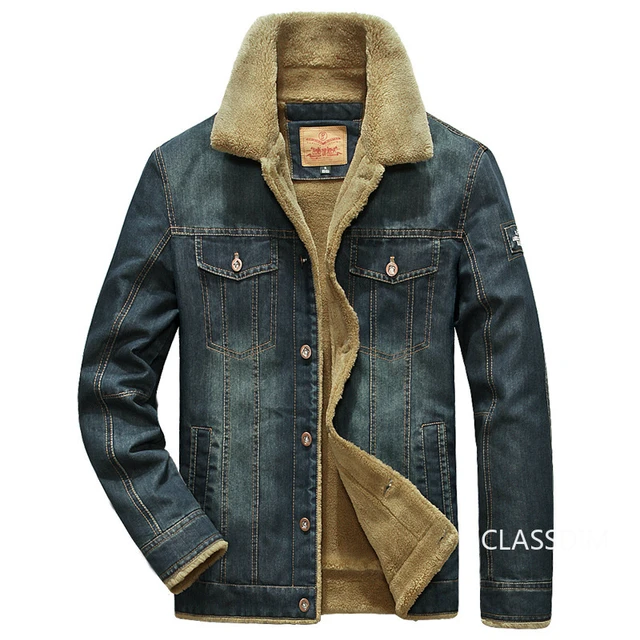 Men's Winter Jacket Casual Coat Lapel Jacket Denim Warm Fur Collar Fleece  Lined
