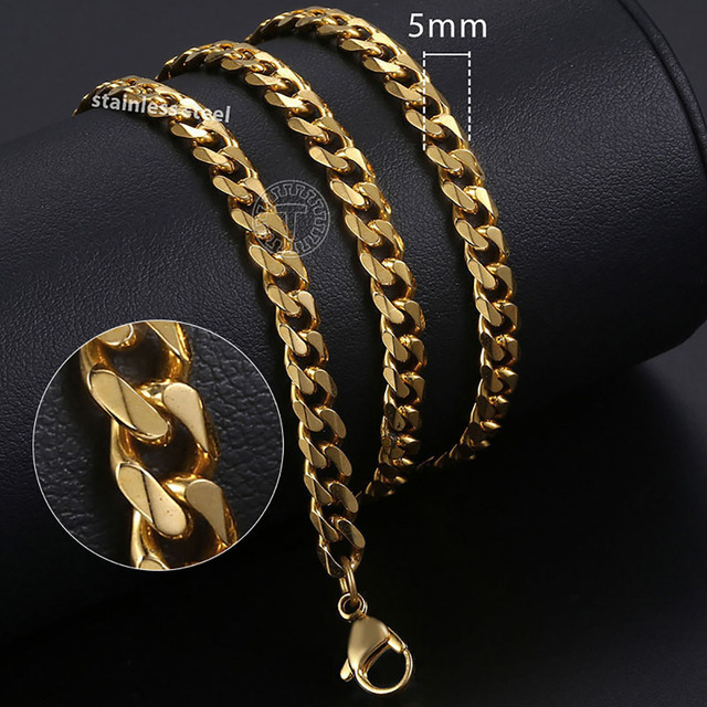 Stainless Steel Necklace Curb Cuban Link Chain For Men Women Gold Tone Solid Metal Punk Jewelry Gift KNM08