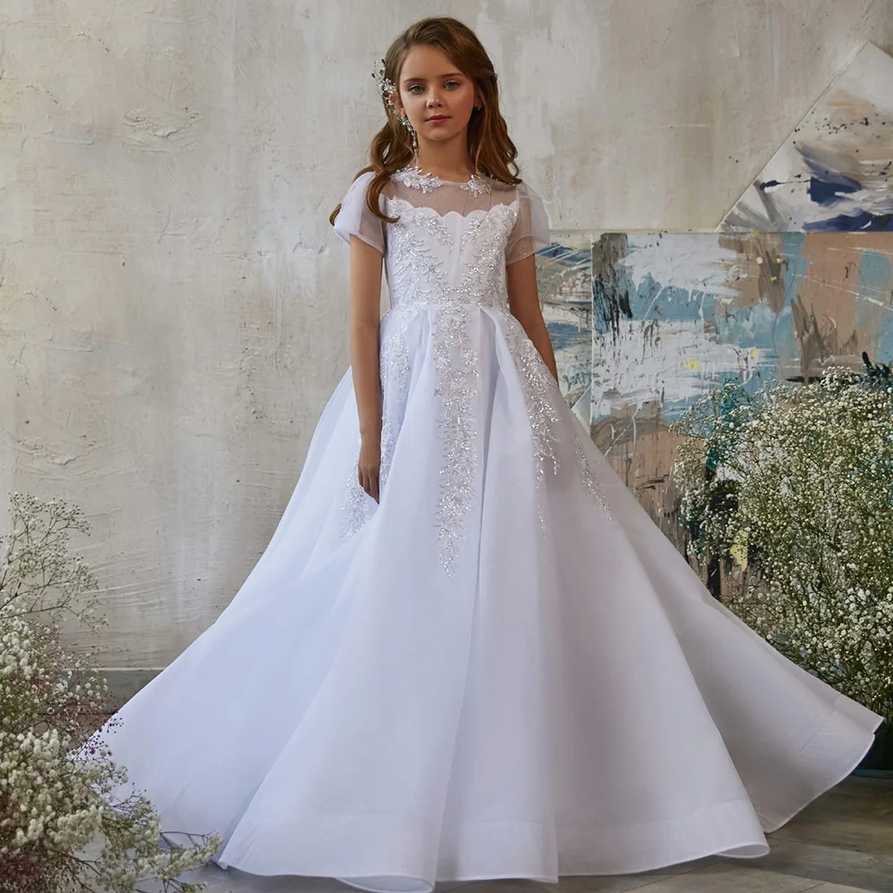 

Flower Girl Dresses Short Sleeve Children's A-line Dreamy Round Neck Lace Kid For Wedding Party Birthday Vestidos