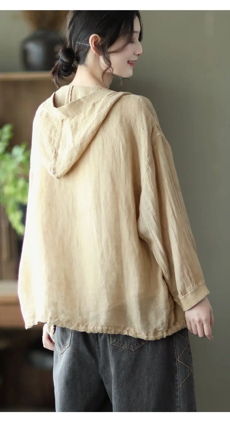 Jacket Spring and Summer Women's Clothing Cotton and Linen Hooded Coat Sun Shirt Linen Cardigan Thin Retro Korean Autumn Cloths