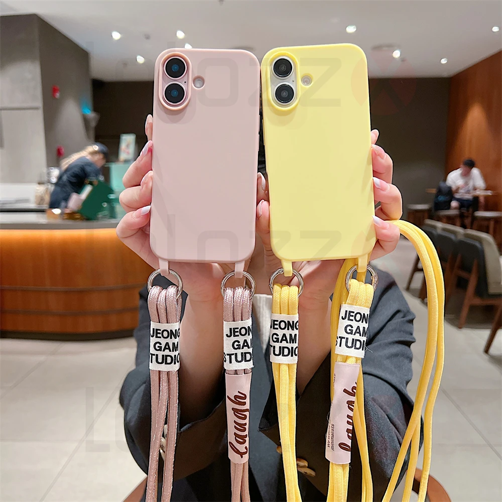 Crossbody Necklace Strap Cord Matte Soft Phone Case For iPhone 16 15 Pro Max 14 Plus 13 12 11 Liquid Silicone Shockproof Cover_voghion.com