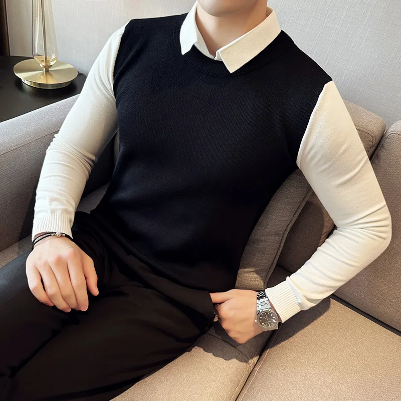 Knitwear Sweater Korean Luxury Clothing Winter Contrasting Color Turn Down Collar Sweaters For Men Slim Fit Casual Pull Homme