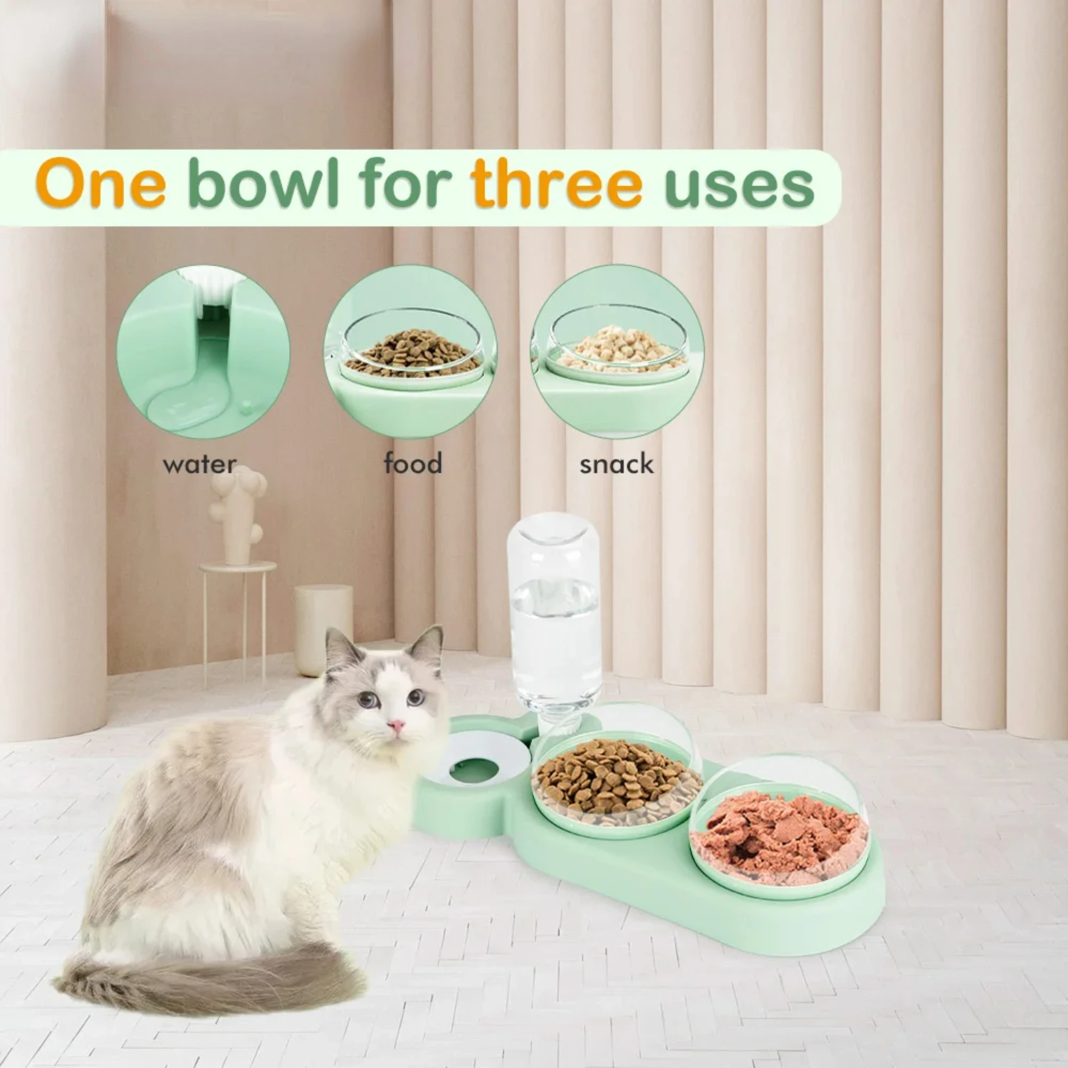 Automatic Food Cat Bowl 3 in 1 Cat Feeder Pet Drinker For Cats Water Storage Dispenser Double Bowl Raised Stand Container
