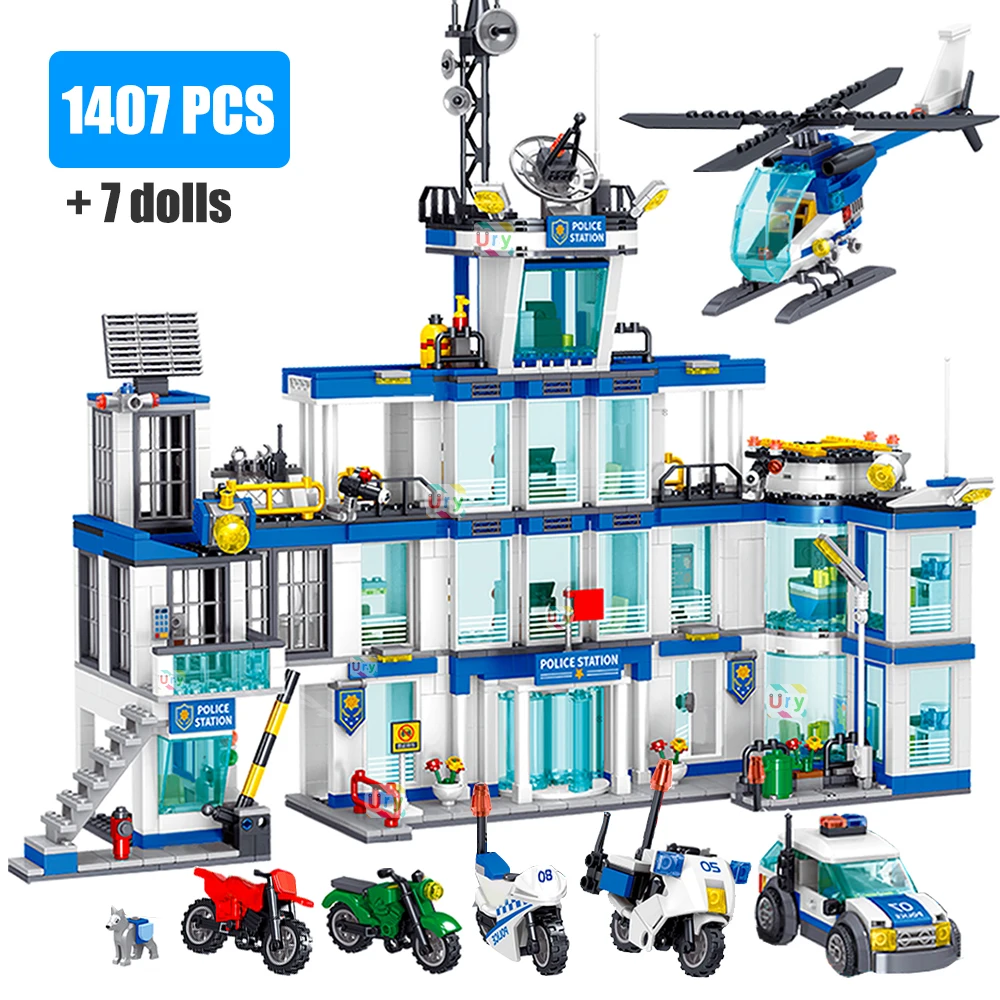 2023 Stazione Di Polizia City Car Helicopter Prison Military Boat Figure Rescue Truck Model Moc Building Blocks Toy For Boy Gift