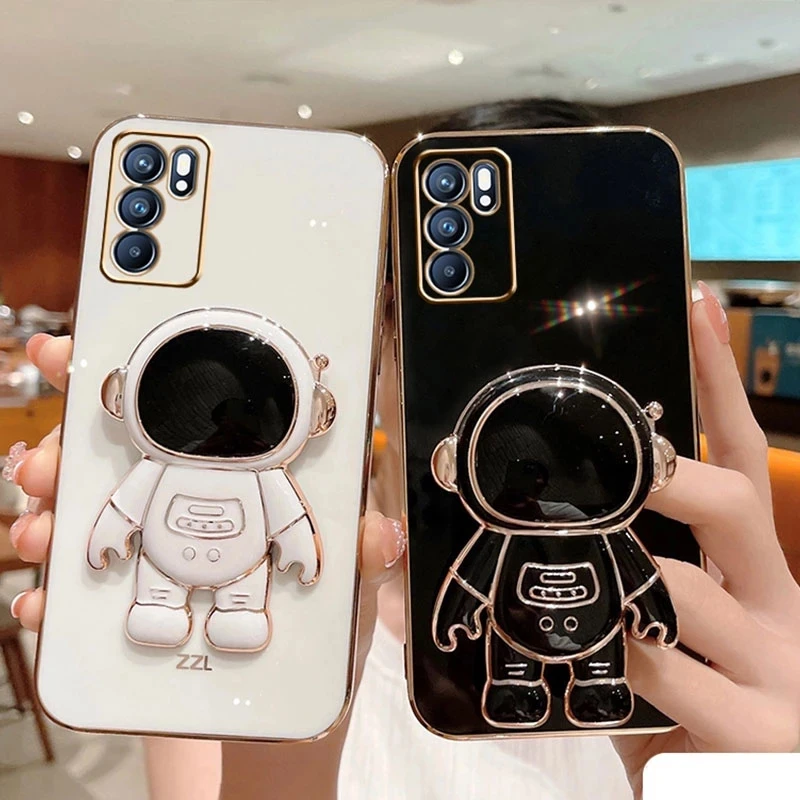 Astronaut Folding Holder Plating Case For OPPO A5 A9 A15S A16 A36 A52 A53 A54 A55 A57 A73 A74 A76 A94 A95 A96 Reno 7 F17 F19 Pro_voghion.com