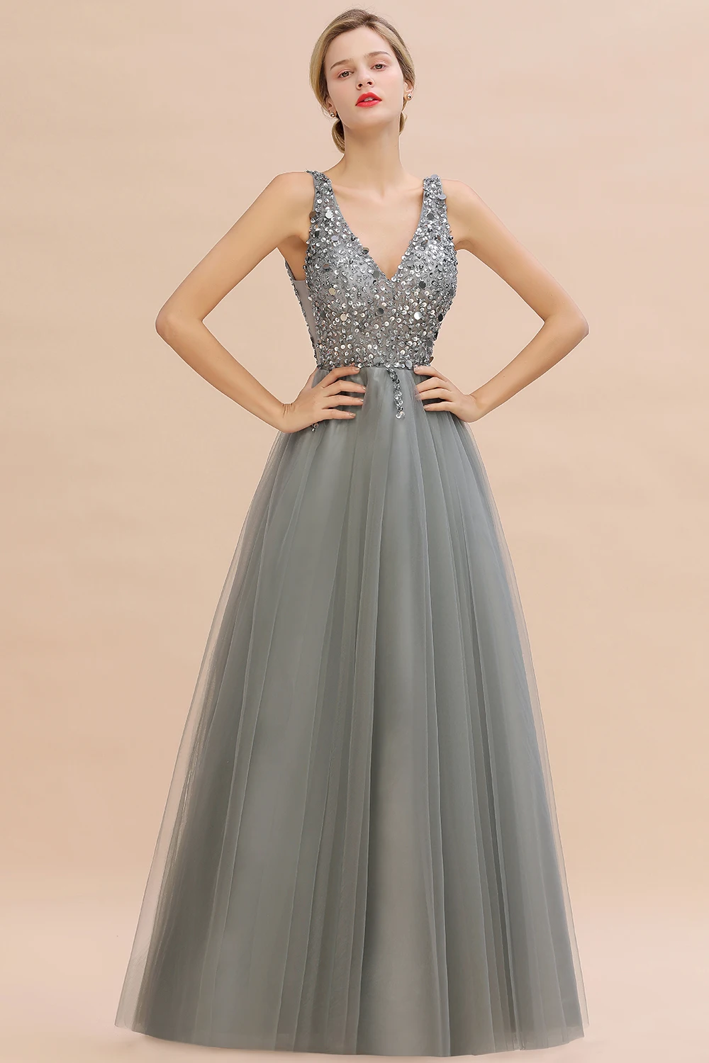 BABYONLINE A-line Prom Dress with Layers Skirt in Glittering Tulle Scroll Lace Bodice V-neck with Thin Straps Sliver Gray Gown