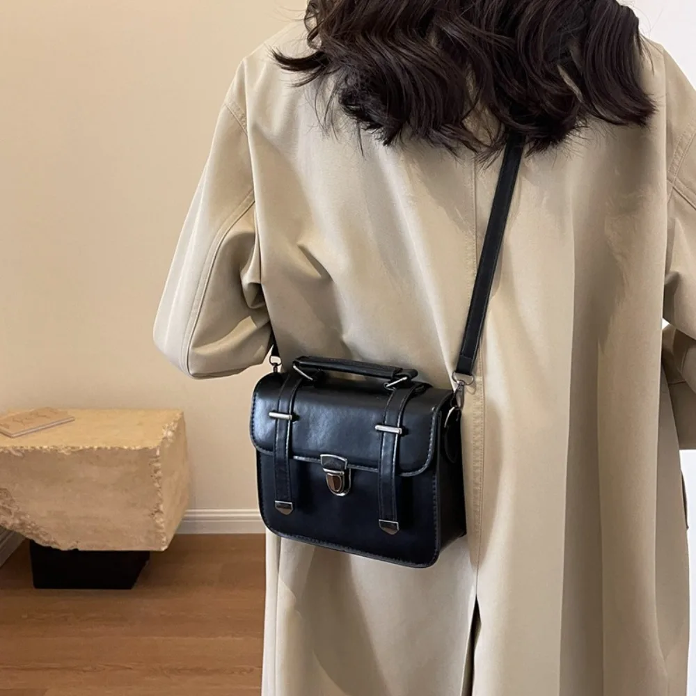 Girls Hundred Retro Small Square Bag Female Students Simple Crossbody College Style Shoulder Handbag Metal Lock Buckle Decoratio - 2