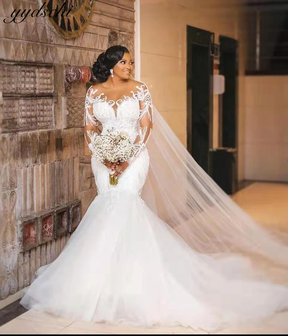 

White/Ivory Long Sleeves Lace Appliques Mermaid Wedding Dresses 2024 Illusion Tulle Bridal Gowns For Women Vestidos De Novia