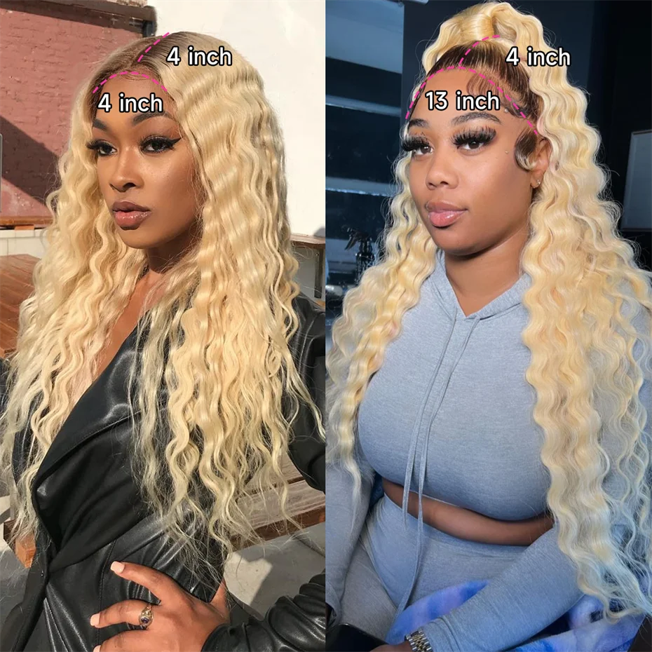 1B 613 Ombre Blonde Deep Wave Curly 4x4 Lace Closure with Baby Hair Brazilian Remy Human Hair 13x4 Swiss Lace Frontal Preplucked