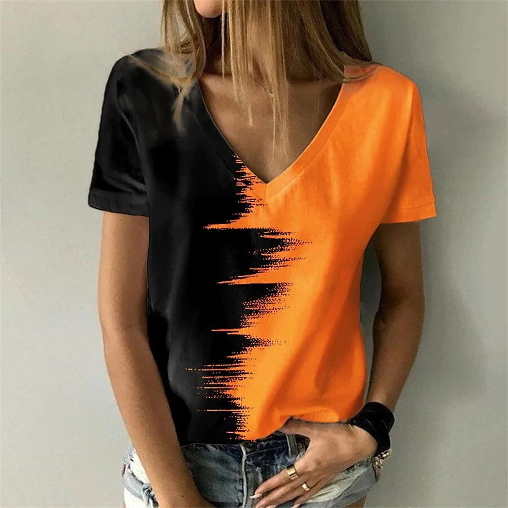 

2024 New Color-blocking Print T Shirt For Women Short Sleeve Tees Minimalist Tops Harajuku Women Clothing Casual Loose Pullover