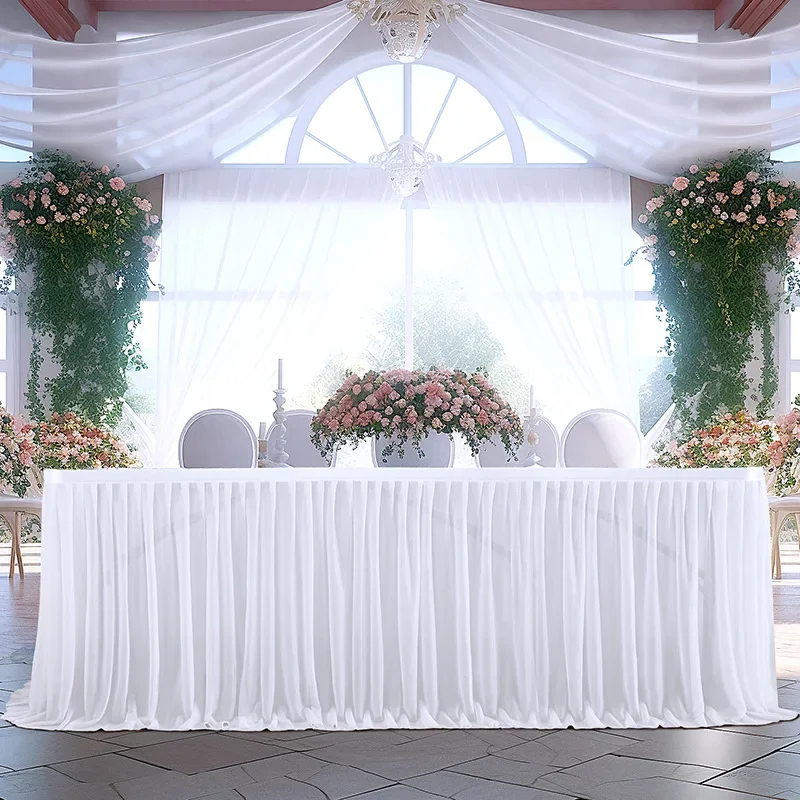 Table Skirt Glitter Pearl Chiffon Table Skirt 4FT/6FT/9FT/14FT Guaze Ruffle Dining Table Skirt For Wedding Party Dessert Banquet Decor