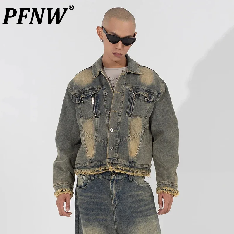 

PFNW Изношенные мужские джинсовые куртки с бахромой нишевые Дизайнерские мужские пальто уличные винтажные повседневные топы 2023 осенние стильные новые 28W2187