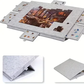 1 Set 6-in-1 Decorative Puzzle Board - Tiltable Puzzle Desk with 6 Drawers, Holds 1000pcs for Home Decor & Educational Storage Light grey 7