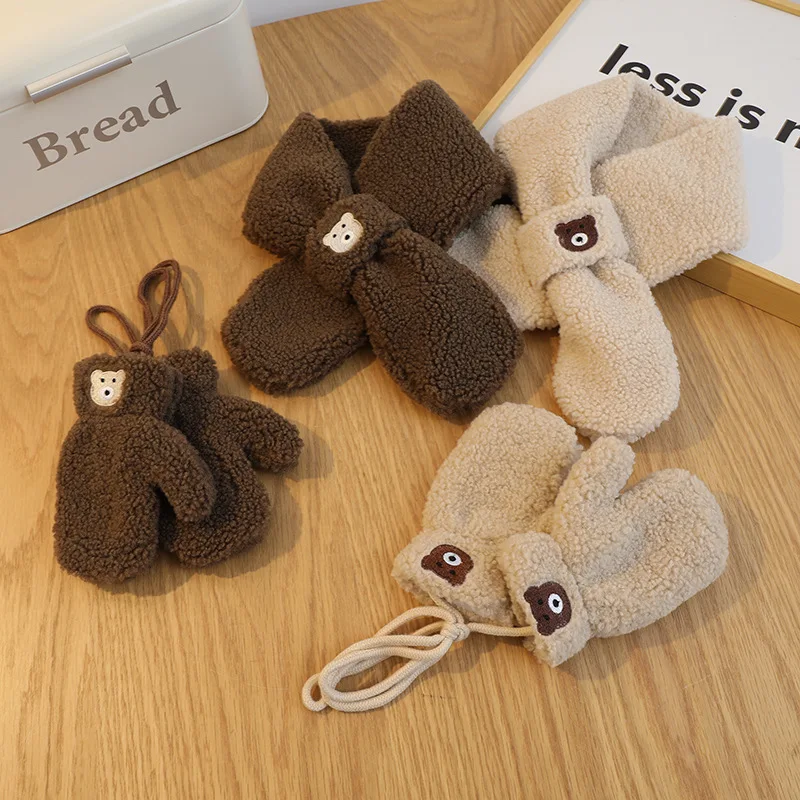 Bear Winter Baby Scarf Gloves Set Faux Lamb Wool Korean Warm Kids Neck Warmer Mittens Children Boys Girls Accessories 2-6Y