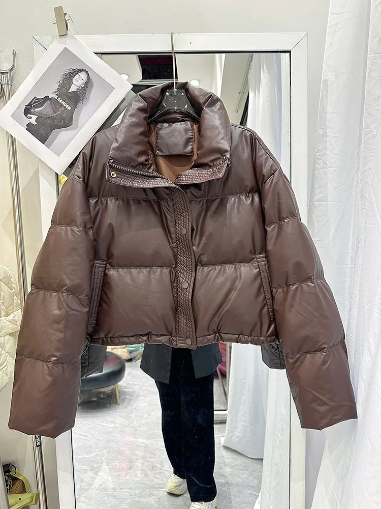 Winter Pu Leather Down Cotton Jacket Women Short Parkas 2025 New Cotton-Padded Jacket Women Warm Thick Cotton Coat Women Outwear