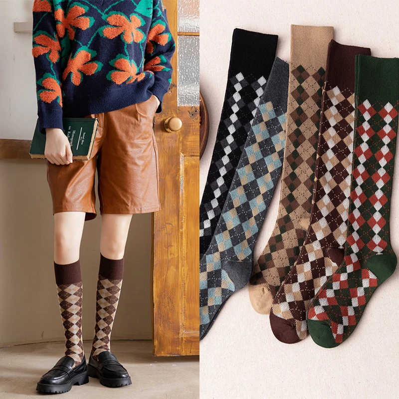 New retro knee socks Japanese diamond plaid cotton calf socks